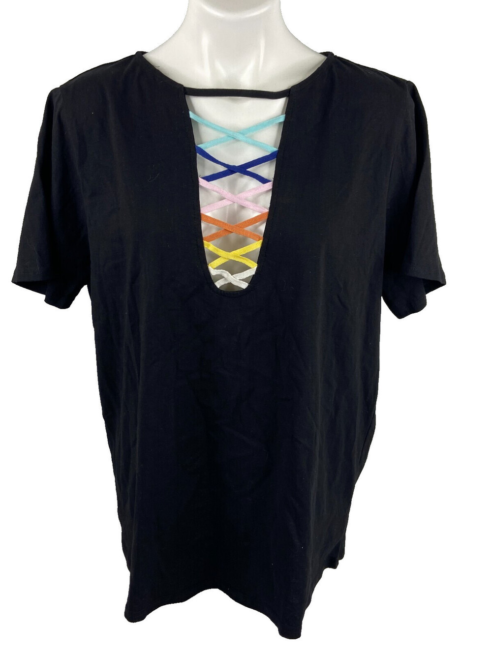 Bibi Women Extra Large Black T Shirt Colorful Cross Weave V Neck NWT